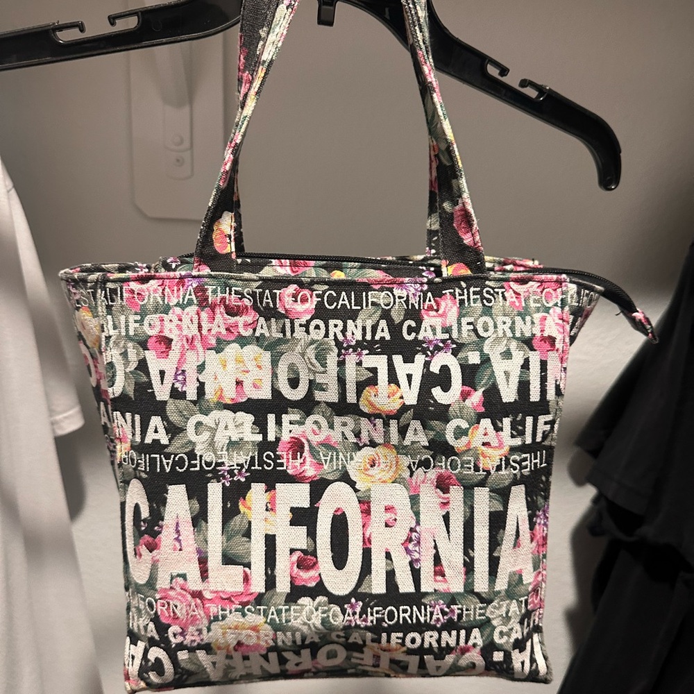 Robin Ruth California Text and Floral Tote Bag - Black and Pink